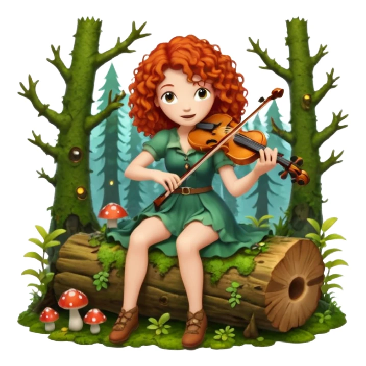 forest sticker character, curly red-haired woman playing violin on mossy log, mushrooms and fireflies around sticker