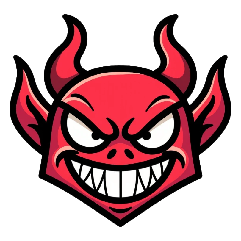 Scary red devil with horns, evil grin, and menacing eyes sticker