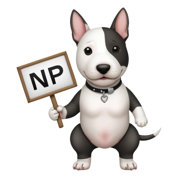 photo realistic bull terrier dog holding a sign that says "NP" sticker