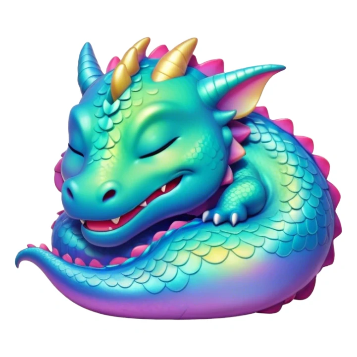 Meme-Worthy Cute Sleeping Dragon Portrait Emoji, Head resting peacefully with a contented smile, showcasing a sinuous, graceful build and a luxuriously soft, iridescent scaled body, eyes gently closed in serene, magical slumber, Simplified yet hilariously adorable features, highly detailed, glowing with a soft, drowsy mystical light, high shine, relaxed and utterly lovable, stylized with an air of playful fantasy, soft glowing outline, capturing the essence of a sleeping dragon that feels destined to become the next viral sensation of enchanted rest! sticker