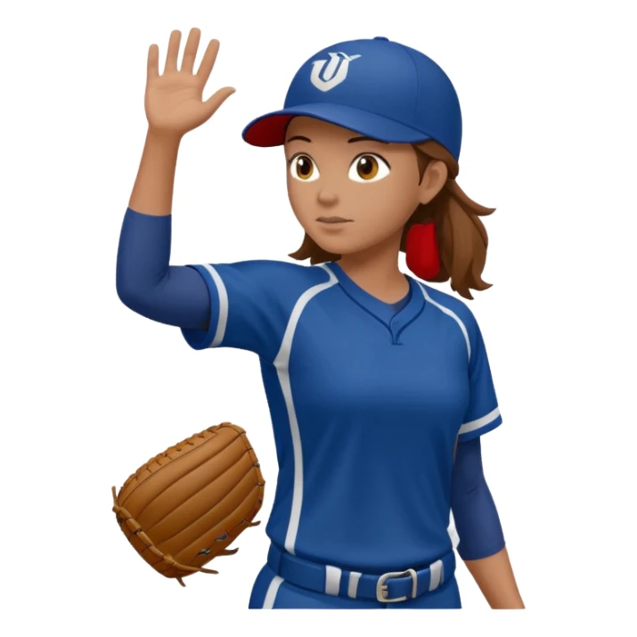 Softball pitcher pitching the ball from side view with brown hair and dark blue jersey and no hat and a face guard sticker