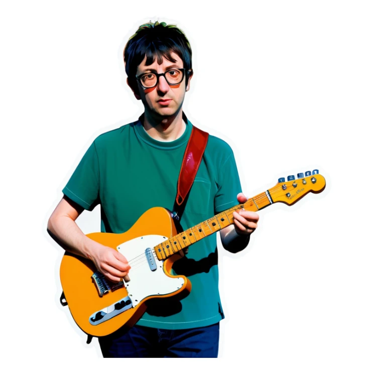 Blur guitarist Graham Coxon is holding butterscotch telecaster by left hand and drinking korean green bottle soju by right hand. sticker
