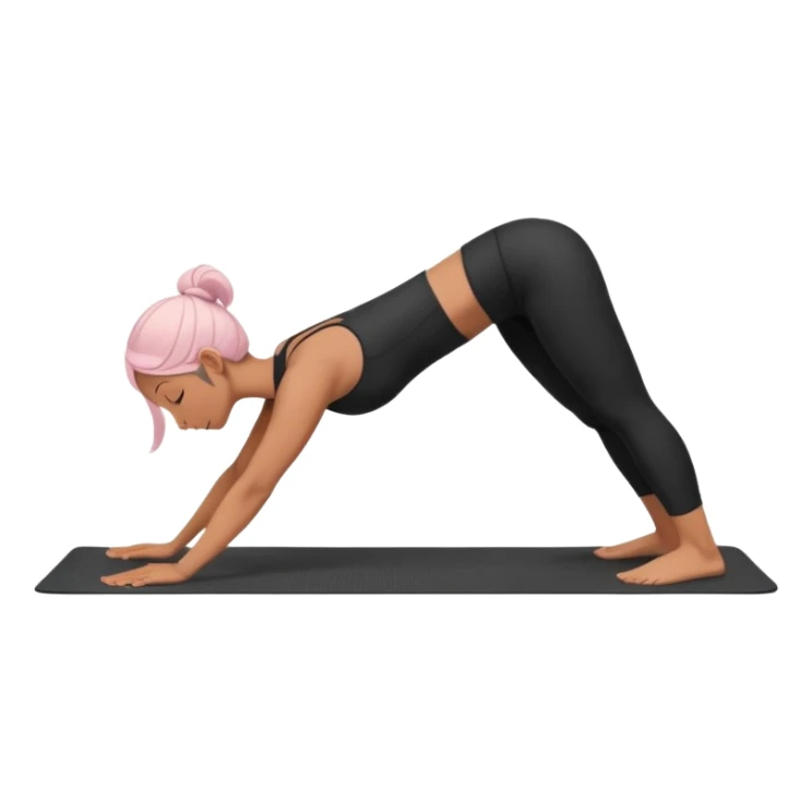 	A woman doing downward dog pose on a yoga mat, black outfit, serene background with soft pastel colors and stars. sticker