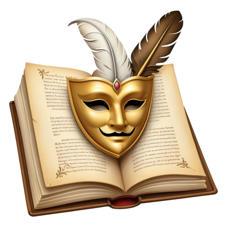An icon featuring an open book with flowing pages, a feather quill, and classic literary symbols like a theater mask and inkwell. The design includes a subtle parchment background with faint text lines, symbolizing the study of literature. Transparent background emphasizes creativity and analysis. sticker
