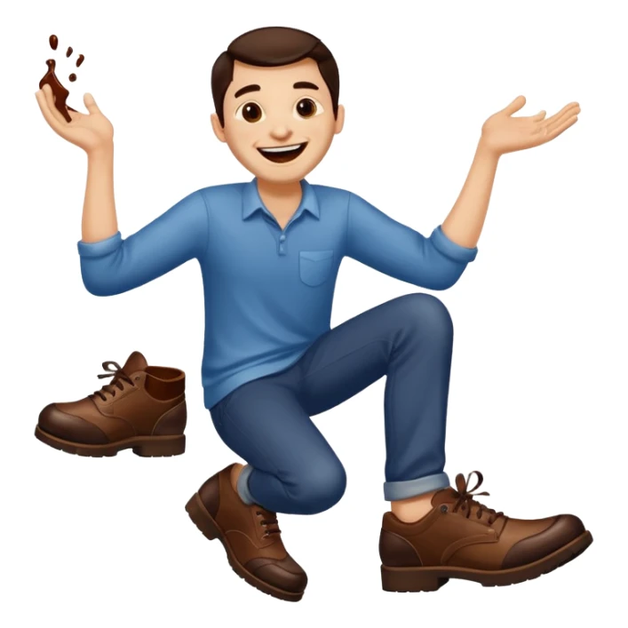 Man laughing with chocolate stain on shoe sticker