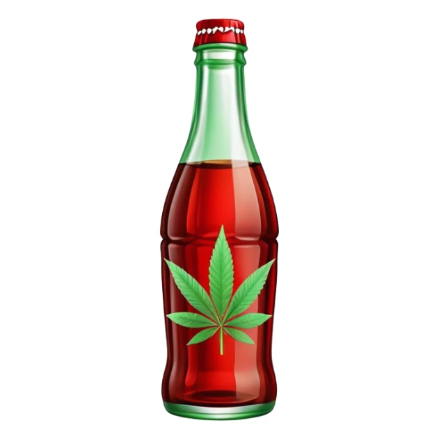 Classic Coca-Cola shaped glass bottle with curved contours, red color, with a cannabis leaf sticker