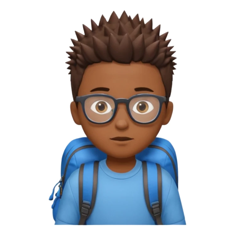 a boy with spikey short brown hair and blue eyes, glasses, backpack sticker