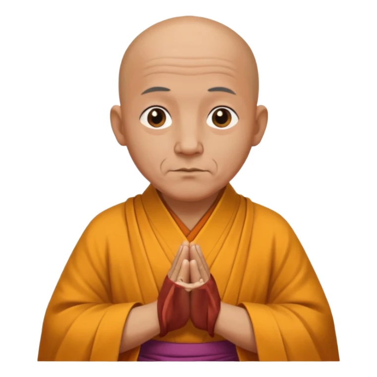 A old bald monk wearing traditional robes, calm expression, hands clasped, in a serene setting sticker