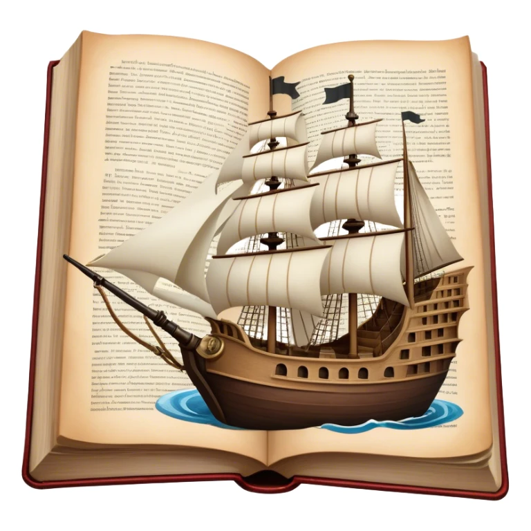 Collage for Reading Fiction: Cola large open book with pages turning into a sailing ship, with musketeers on horseback, and Sherlock Holmes with a magnifying glass standing nearby. The icon should evoke the adventure and romance of exploring fictional worlds. Transparent background sticker