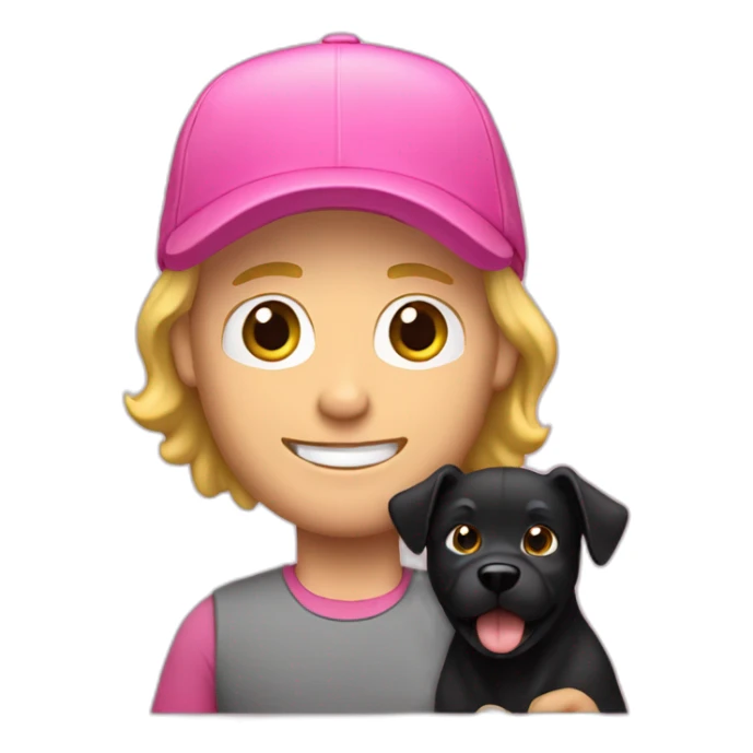 blond guy with little beard in pink cap holding black dog sticker