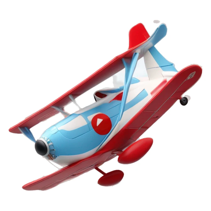 Un avion de dessin animé rouge et blanc volant à travers des nuages floconneux dans un ciel bleu clair. La scène est encadrée par une bordure circulaire, avec un style d'animation 3D ludique. sticker