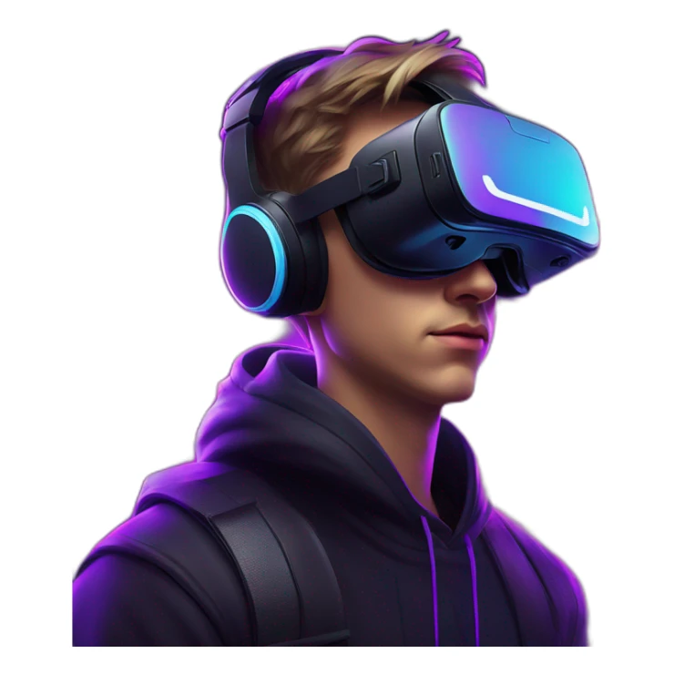 Russian young man wearing a black hoodie with "OMG" letters on it and VR headset in a cyberpunk VR environment with violet neon lighting. sticker