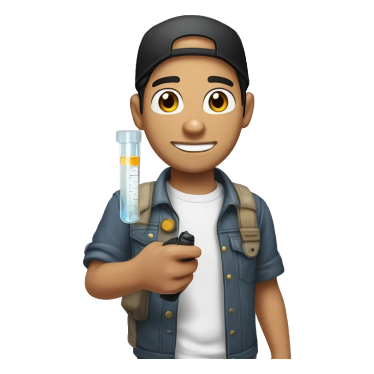 "Light-skinned Latino male with short black hair, wearing a backward cap front to back. Brown eyes, slightly thick lower lip, smiling. Holding a test tube in one hand and a video game controller in the other. Cartoon style sticker