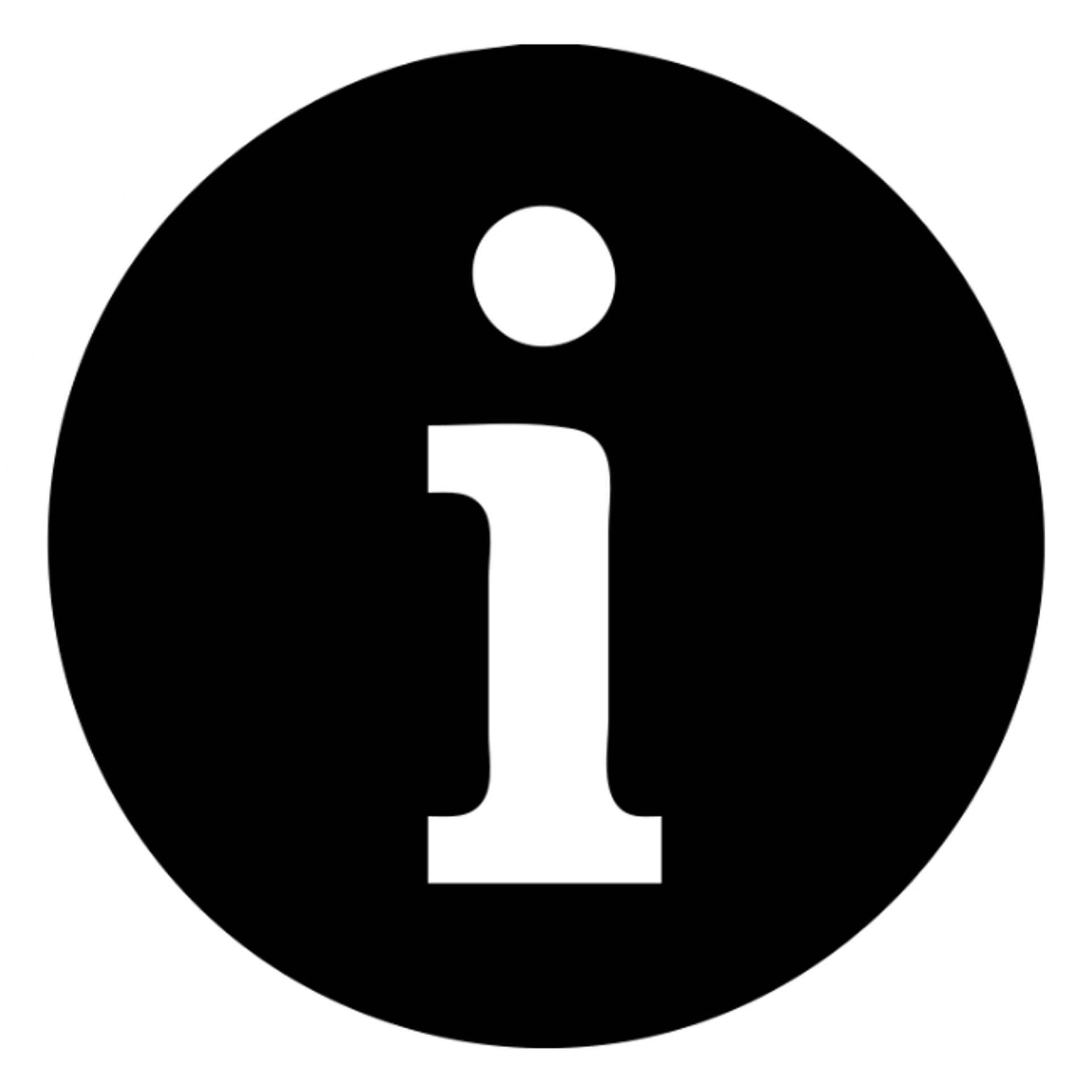 minimalist information icon with letter i in a solid black filled circle sticker