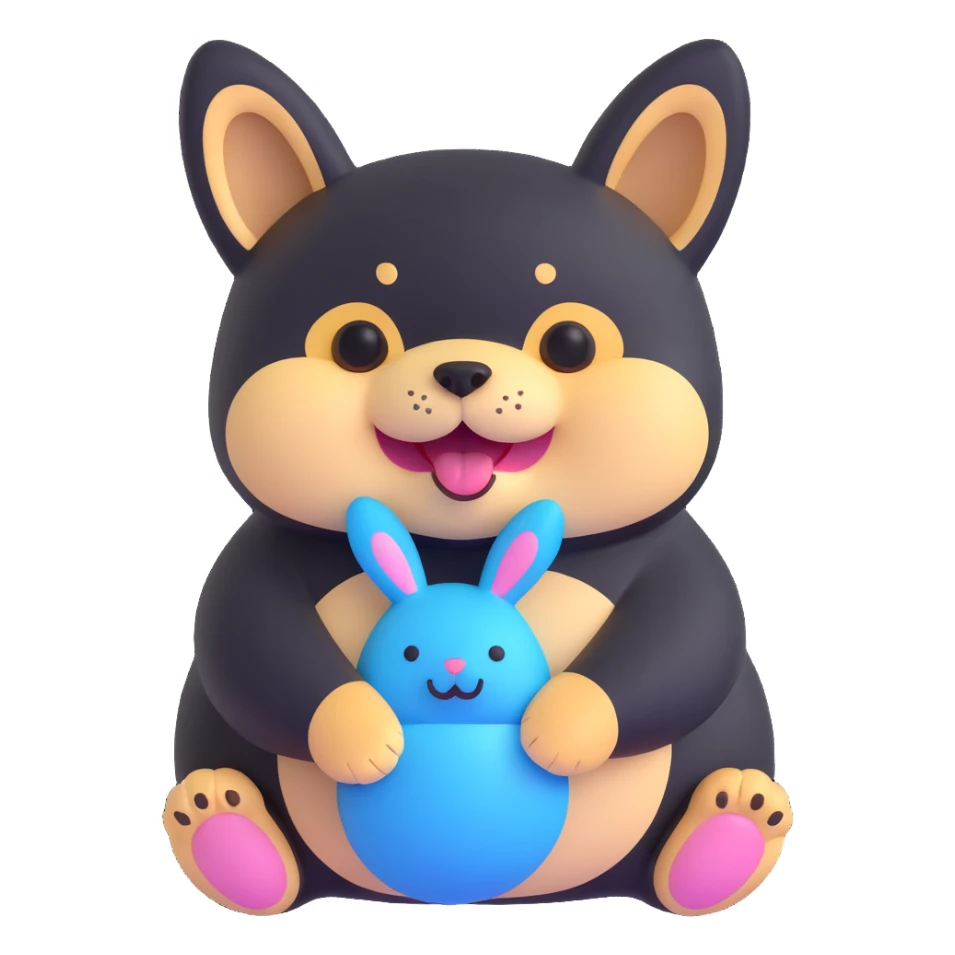 chubby black shiba inu with blue bunny plush in mouth, happy expression, cheese scent implied sticker