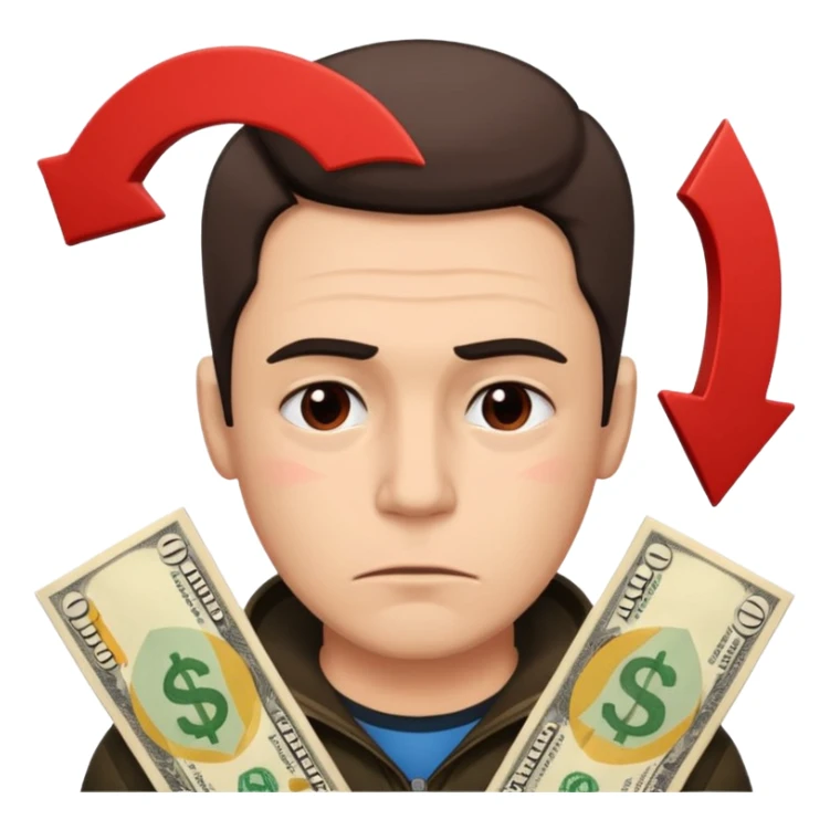 a man with money bills and a red down arrow next to him sticker