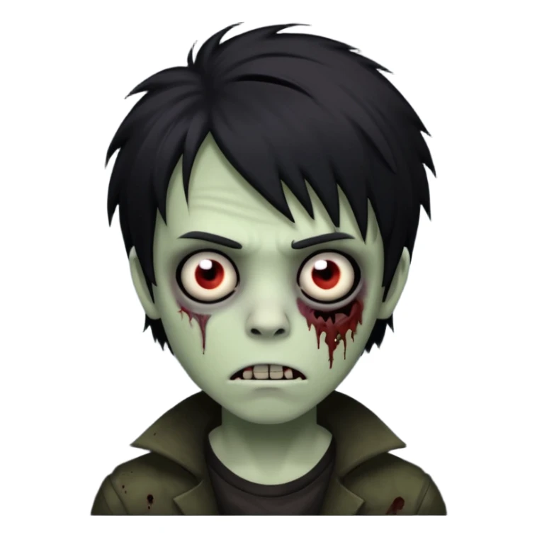 boy zombie with black, medium-long, shaggy emo hair, dark and spooky, creepy expression sticker