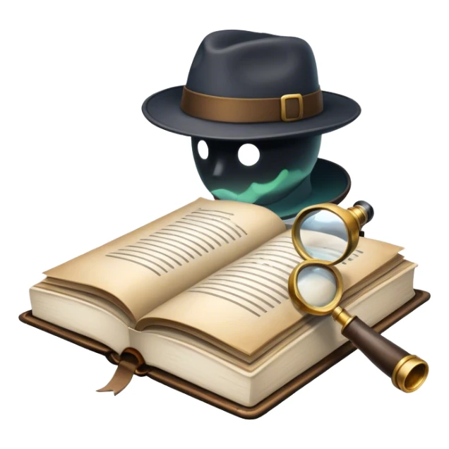 Icon for Detective Reading: an open book with a magnifying glass, a detective’s hat, and a notebook with clues, surrounded by dark shadows and mysterious elements like footprints and a smoking pipe. Transparent background. sticker