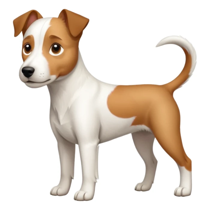 a full body large white parson russell terrier looking dog the size of a kelpie with light brown ears and a light brown patch on one eye and a large snout sticker