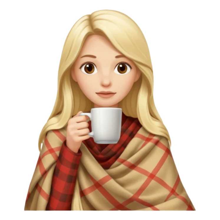 Blonde long hair lady drinking coffe inside a beige plaid blanket  sticker