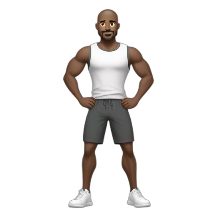 Full height Actively gesturing with hands Pale skinned Fit Man With the biceps, green eyes and brown hair in dark gray Sleeveless Mike, black oversize sports shorts, watch and white Sneakers sticker