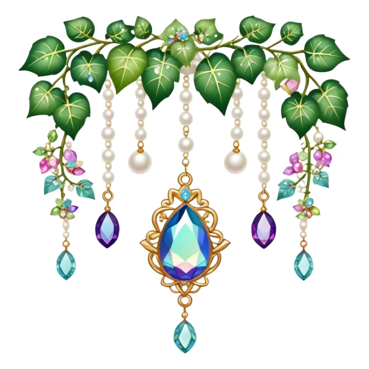 Exotic romantic Few cute tiny Iridescent glistening glossy sparkly shiny glittery hanging crystals pearls and beads and gemstones scenery scenic decorations with ivy and flowers sticker
