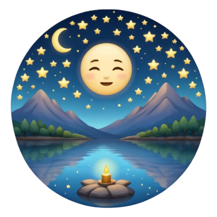 "Design a calming circle emoji for evening reflection. Soft moonlight, gentle stars, peaceful or spiritual symbols. No people - emphasize tranquil colors, night sky elements, and serene christian imagery." sticker