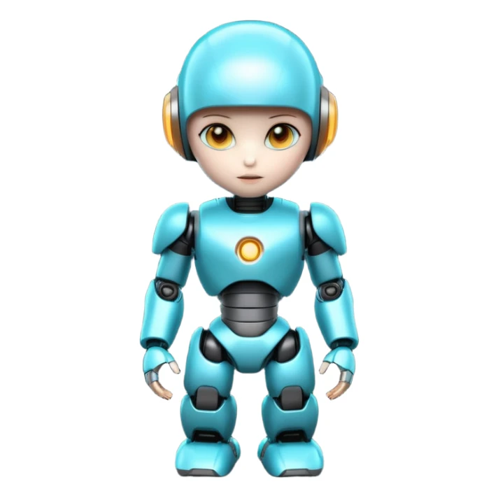 Cute futuristic chibi humanoid robot with large rounded head, add text on chest "LMX". glossy black and grey metal body, glowing cyan and amber eyes, visible joints, confident pose, white background, high-detail 3D render,  sticker