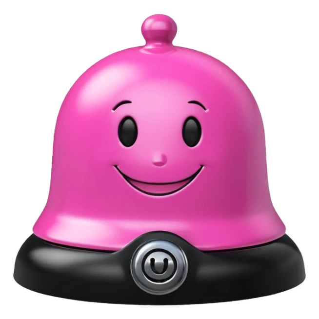 pink call bell with chrome knob on top and black base with smiley face on it sticker