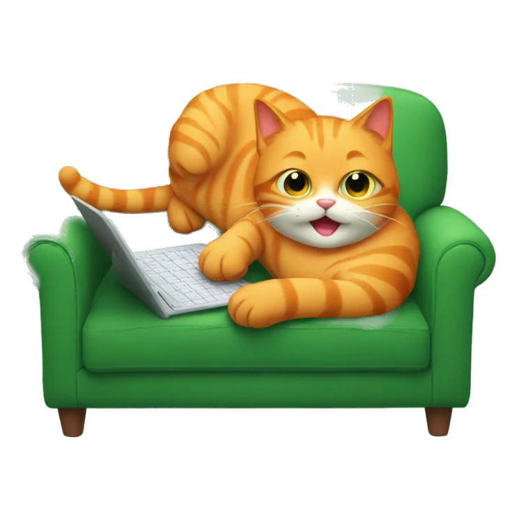 A happy orange cat lies on its back on a green sofa, holding a tablet. sticker