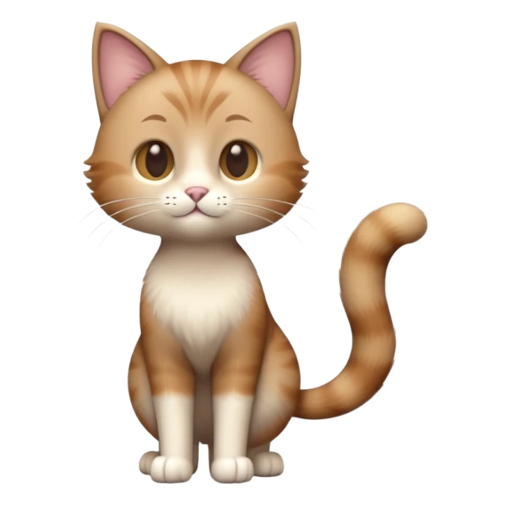 standing cat with tail raised, soft brown and beige colors, friendly calm expression, natural pose, warm lighting, soft 3D look sticker