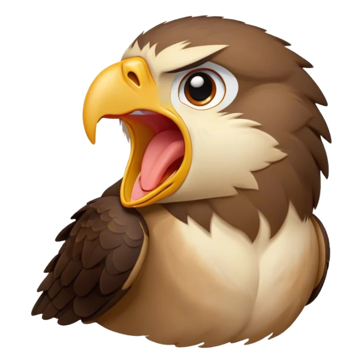 Cinematic Cute Yawning Hawk Portrait Emoji, Head tilted slightly with a dramatic, wide-open yawn, showcasing a robust, agile form with a softly drooping beak and sleepy, half-closed eyes, Simplified yet irresistibly adorable features, highly detailed, glowing with a soft, cozy glow, high shine, relaxed yet expressive, stylized with a dash of whimsical aerial charm, soft glowing outline, capturing the essence of a drowsy yet affectionate hawk that appears ready to stretch out for a nap! sticker