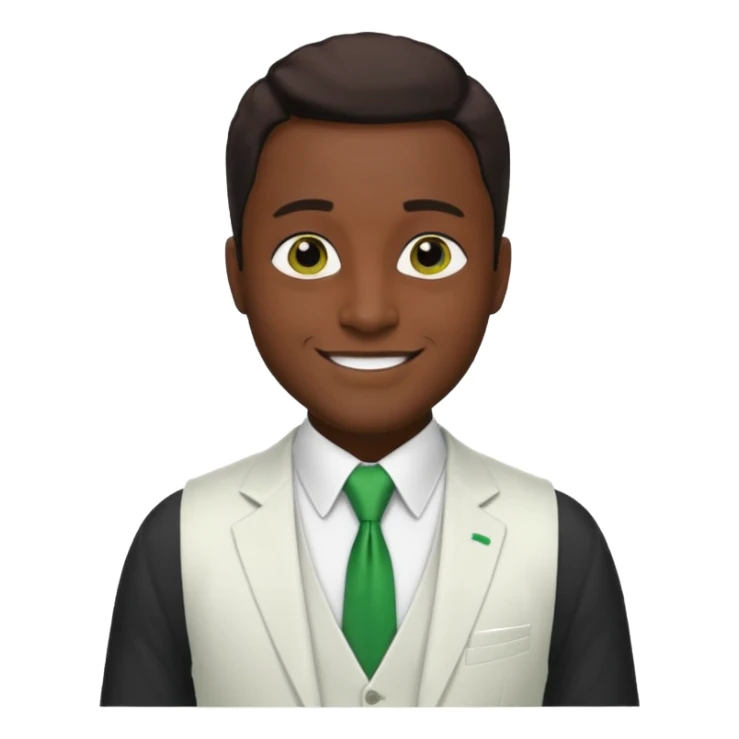 businessman, black skin, brown eyes, white suit vest, green tie sticker