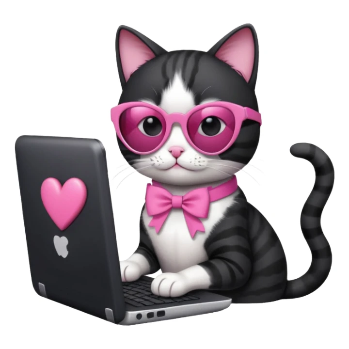 Black and white cat with pink ribbon and black cool sunglasses doing pink computer with pink heart sticker