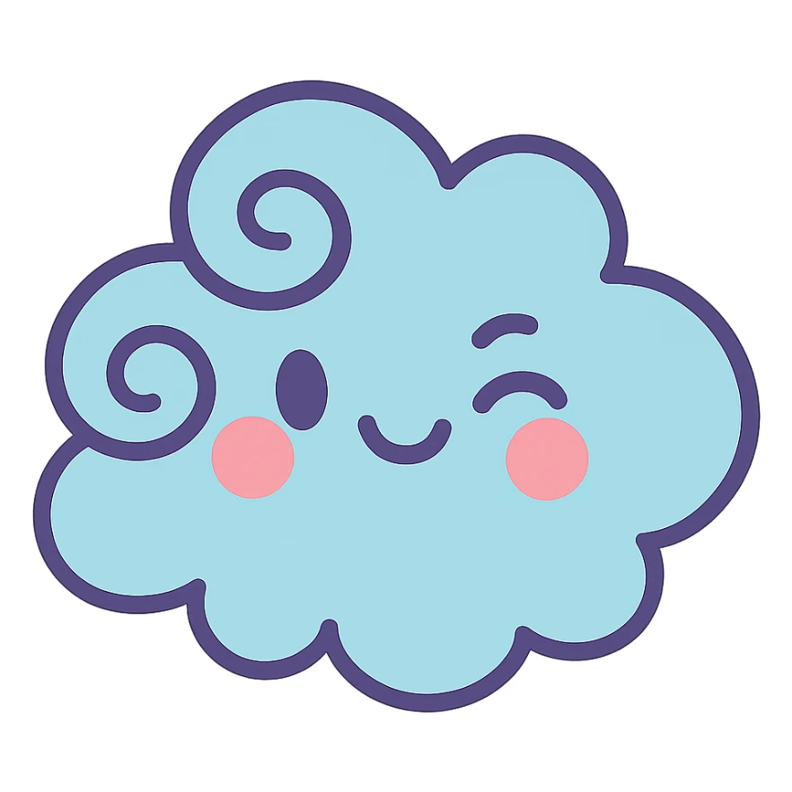 cute light blue cloud, soft swirls, winking face, soft pastel palette, no arms or legs, full body, soft pastel kawaii style sticker