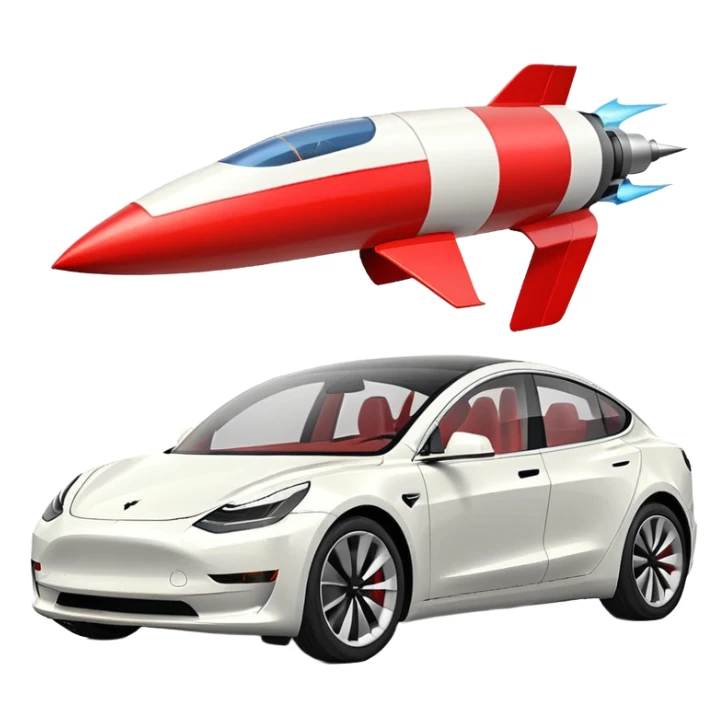 Tesla model 3 white with small rocket mounted flat on roof for extra propulsion sticker
