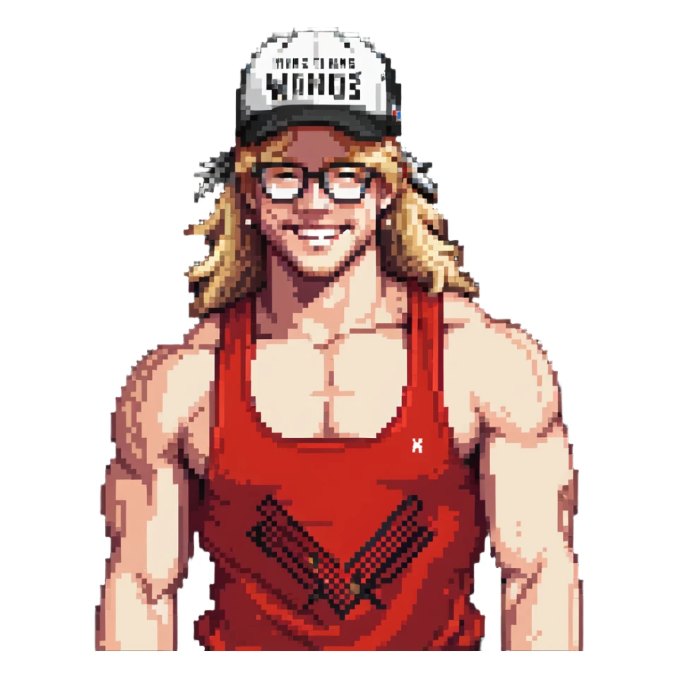Man with black and white cap with VANOMAS text, bare torso, red shorts, clear glasses, messy light blond mullet hairstyle, smiling and flexing muscles sticker