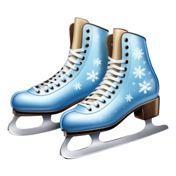 An icon showing In the background, twinkling lights, winter trees, and cheering spectators create a festive atmosphere. a pair of elegant ice skates gliding across a smooth, frozen rink with snowflakes in the air. Transparent background highlights the grace and charm of ice skating. sticker