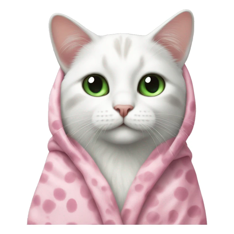 A white cat with big black spots and green eyes in a pink robe sticker