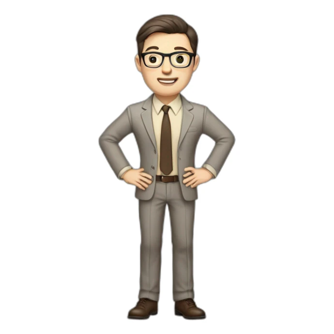 Full height Actively Gesturing Pale skinned fit man with dark brown hair in gray jacket, beige office shirt, brown tie, brown pants and vintage glasses. sticker