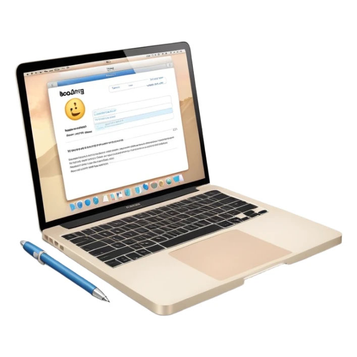 MacBook with booking app open beside vintage paper notebook and pen sticker