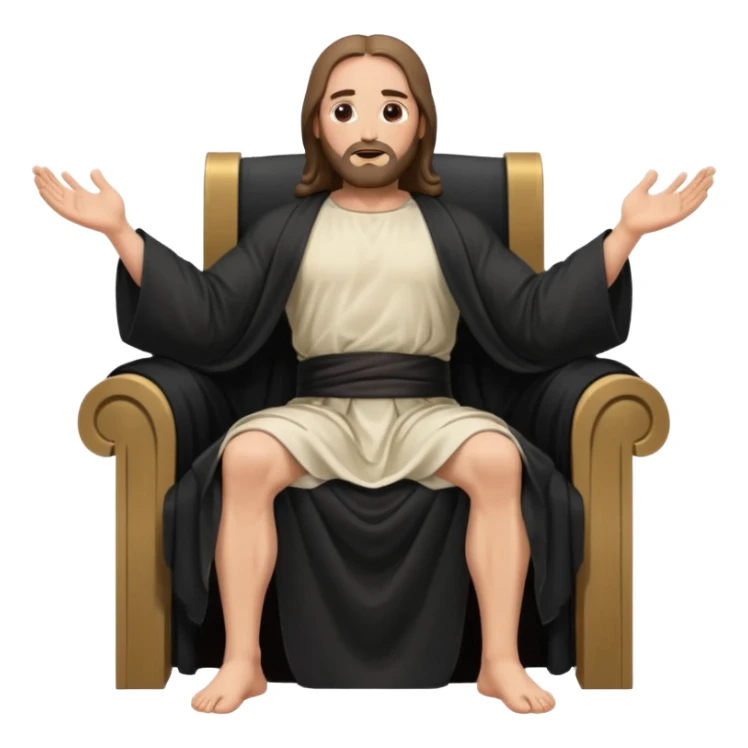 fullbody bald jesus christ jacked, sleeveless black robe sitting hands on armrests sticker