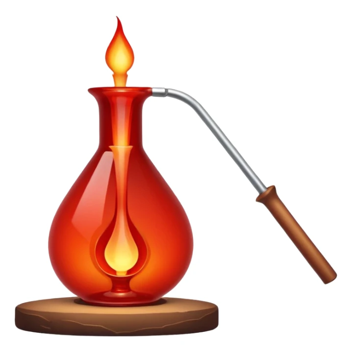 Glassblowing and casting icon, molten glass being shaped into a delicate object with a blowpipe, glowing red-hot glass being poured into a mold, unfinished glass sculpture, minimalistic style, clean lines, transparent background. sticker