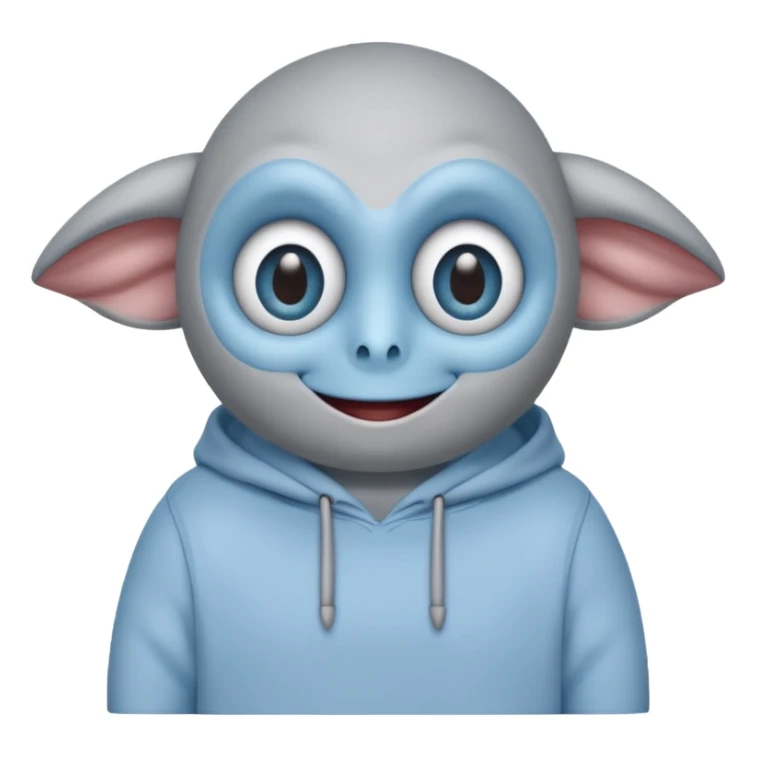No head..it has 1 eye....stands upright ...wears clothing. is light grey and light blue..looks happy and cuddly... doesnt have a full head.... there is a appendage coming out of top of body with a single large eye sticker