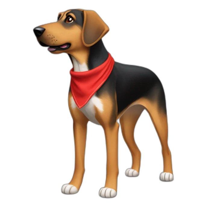 75% Coonhound 25% German Shepherd mix dog wearing small plain red bandana side view full body in profile left facing sticker