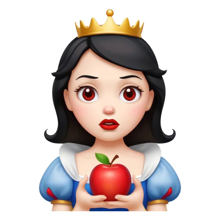 Cinematic Funny Snow White Portrait Emoji, Holding an apple with a suspicious expression, one eyebrow raised, lips pursed as if questioning her life choices, a hilariously relatable fairy tale moment! sticker