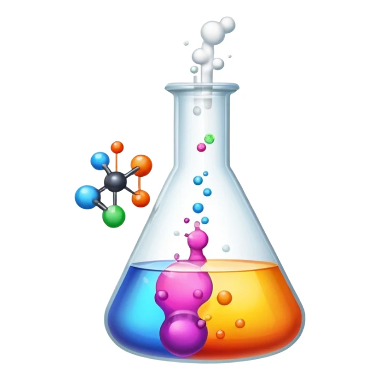 An icon featuring a chemical flask, bubbling with liquid, and an atomic structure, symbolizing chemistry. The design includes molecules, a periodic table, and laboratory equipment, representing the study of chemical reactions and elements. Transparent background highlights scientific research. sticker