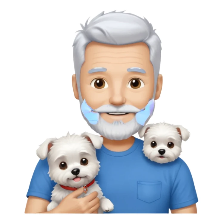 handsome gentleman, 60 years old, spiky crew cut silver hair, full beard, wearing a blue t-shirt, smiling and holding a maltese dog sticker