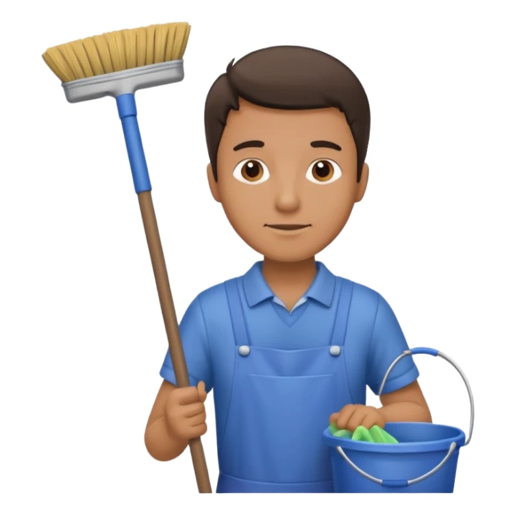 man in cleaning clothes, holding a broom and a bucket sticker