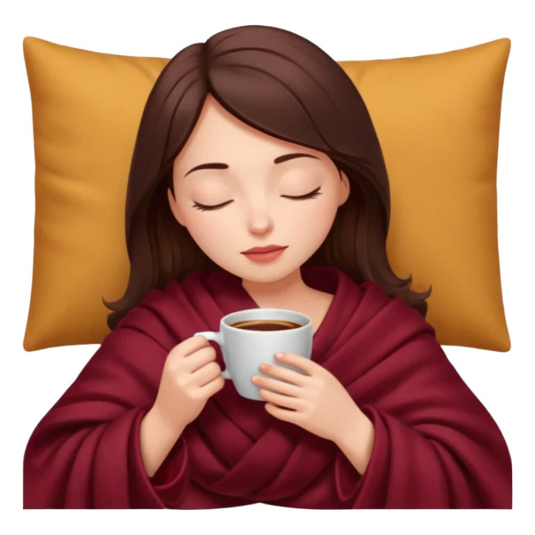 Brunette girl inside a burgundy blanket sipping coffee eyes closed sticker